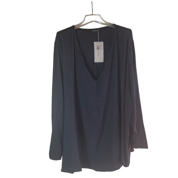 Bloomchic Women 30 Navy Blue 1/4 Button Front Flowy Roll Tab Sleeve Blouse NEW - Picture 4 of 9